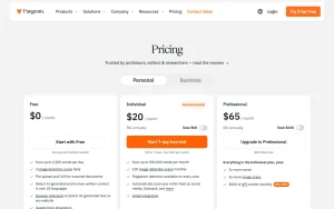 Pangram pricing page with plans and prices — screenshot of the productivity & writing AI tool, 2026-10-01