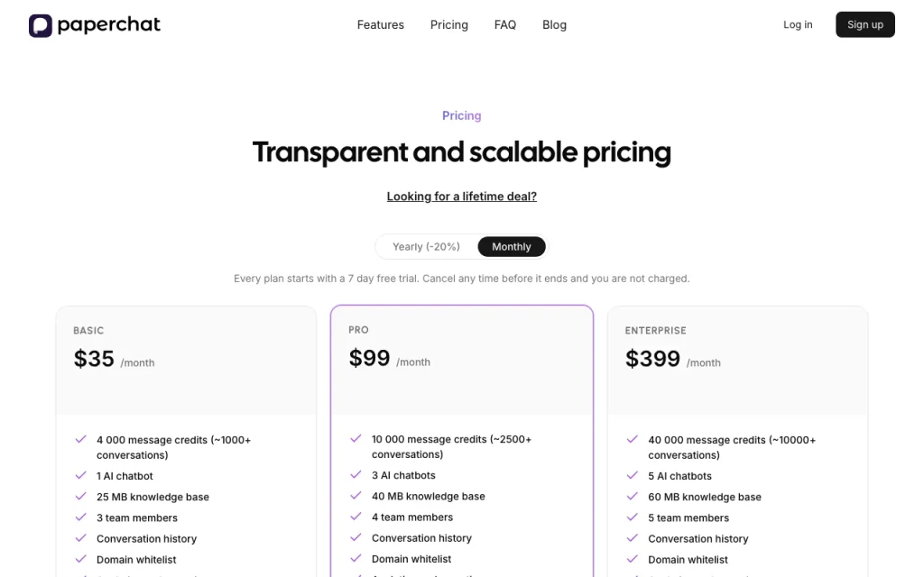 PaperChat pricing page with plans and prices — screenshot of the chat assistants AI tool, Oct 2, 2026