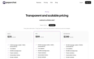 PaperChat pricing page with plans and prices — screenshot of the chat assistants AI tool, 2026-10-02