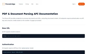 Parsebridge api_docs page homepage screenshot, productivity & writing AI tool