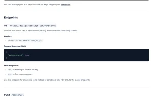 Parsebridge api_docs page homepage screenshot, productivity & writing AI tool