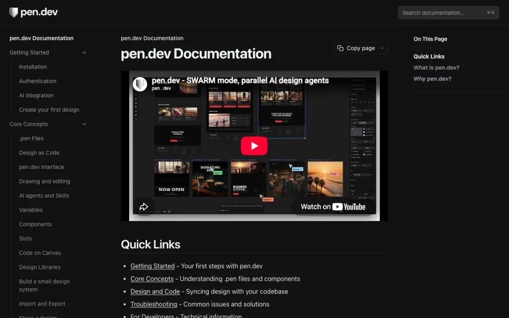 pen.dev (formerly pencil.dev) documentation — screenshot of the coding AI tool, Oct 1, 2026