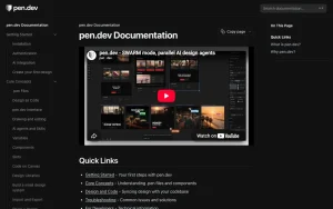 pen.dev (formerly pencil.dev) docs page homepage screenshot, coding AI tool