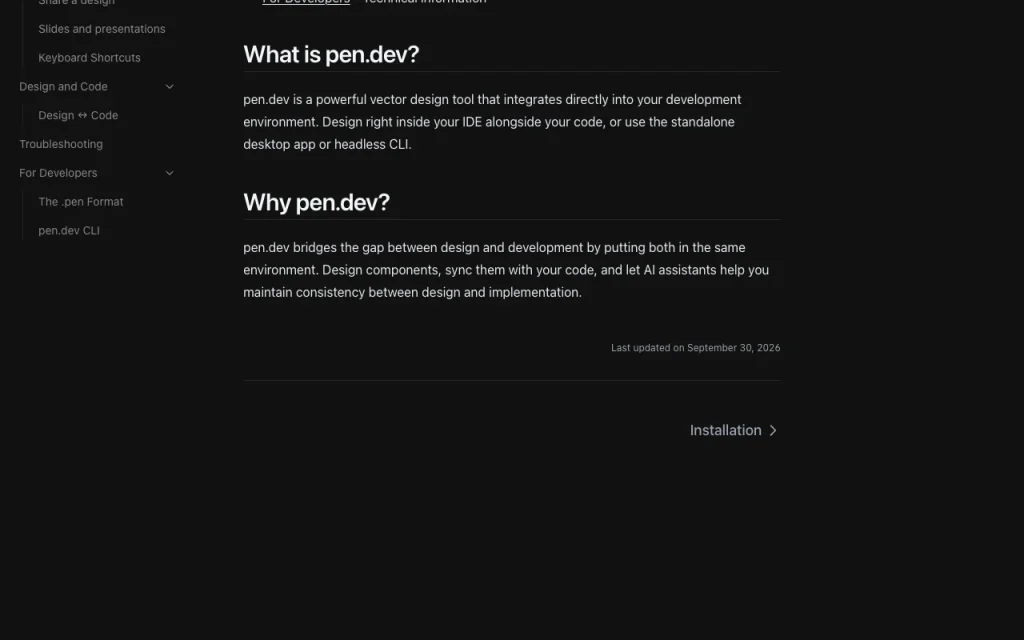 pen.dev (formerly pencil.dev) documentation — screenshot of the coding AI tool, Oct 1, 2026