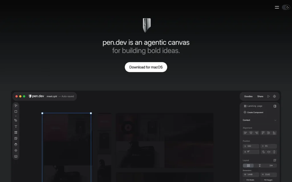 pen.dev (formerly pencil.dev) homepage — screenshot of the coding AI tool, Oct 1, 2026