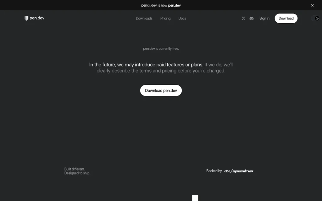 pen.dev (formerly pencil.dev) pricing page with plans and prices — screenshot of the coding AI tool, Oct 1, 2026