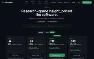 PersonaHive pricing page with plans and prices — screenshot of the research & search AI tool, 2026-10-01