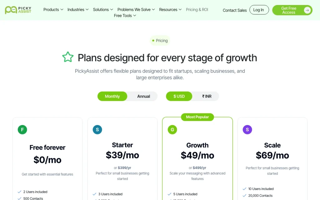 Picky Assist pricing page with plans and prices — screenshot of the productivity & writing AI tool, Oct 2, 2026