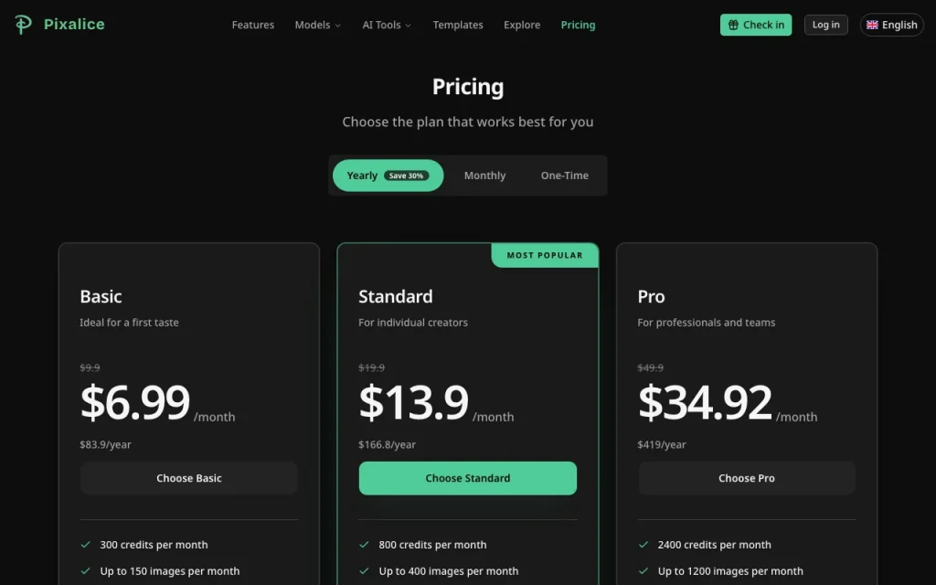 Pixalice página de precios con planes y precios — captura de pantalla de la herramienta de IA generación de imágenes, Oct 2, 2026