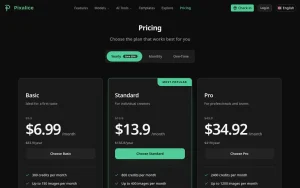 Pixalice pricing page with plans and prices — screenshot of the image generation AI tool, 2026-10-02