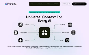 Plurality Network homepage — screenshot of the productivity & writing AI tool, 2026-10-02