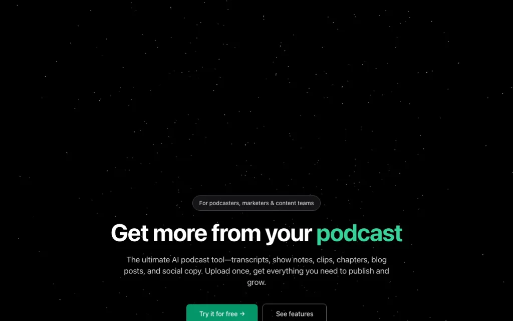 Capture d'écran de la page d'accueil de Podsuite, outil d'IA productivité et rédaction