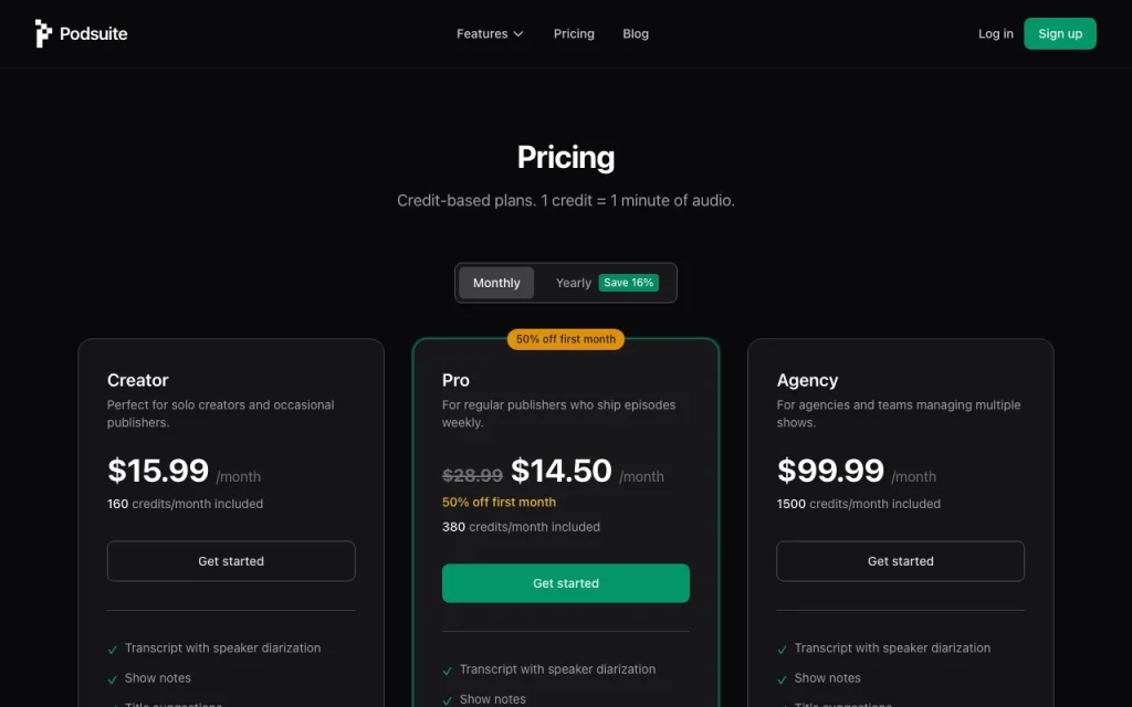 Podsuite page de tarifs avec offres et prix — capture d'écran de l'outil d'IA productivité et rédaction, Oct 2, 2026