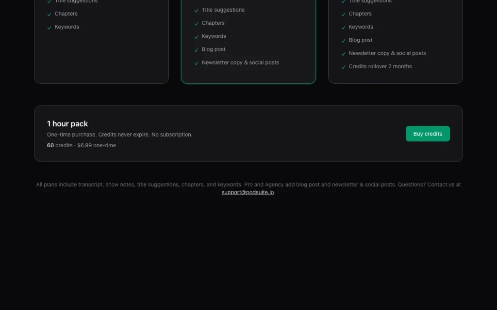 Podsuite page de tarifs avec offres et prix — capture d'écran de l'outil d'IA productivité et rédaction, Oct 2, 2026