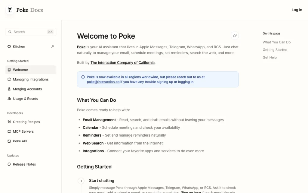 Poke documentación — captura de pantalla de la herramienta de IA productividad y escritura, Oct 2, 2026