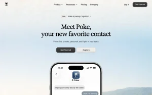 Poke homepage — screenshot of the productivity & writing AI tool, 2026-10-02