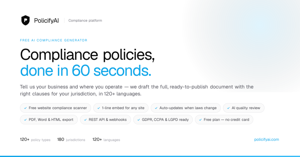 Capture d'écran de la page d'accueil de PolicifyAI, outil d'IA productivité et rédaction