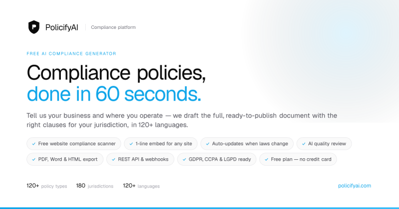 PolicifyAI homepage screenshot, productivity & writing AI tool