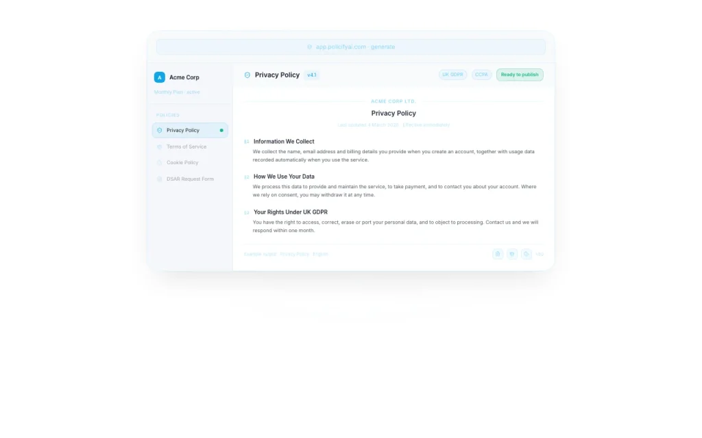 PolicifyAI page d'accueil — capture d'écran de l'outil d'IA productivité et rédaction, Oct 1, 2026