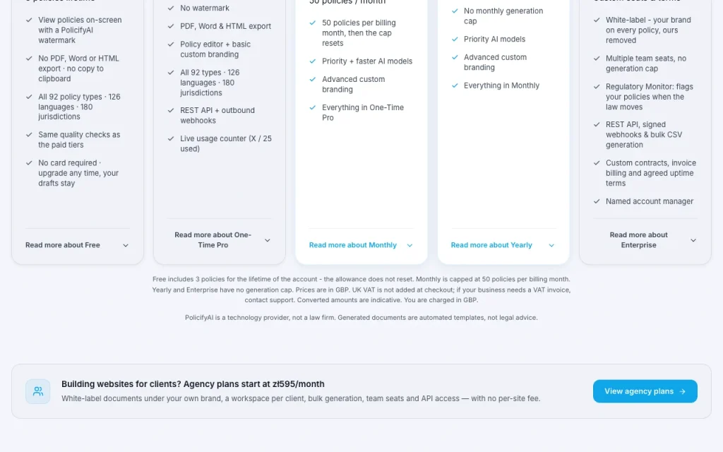 PolicifyAI page de tarifs avec offres et prix — capture d'écran de l'outil d'IA productivité et rédaction, Oct 1, 2026