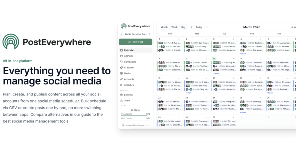 Capture d'écran de la page d'accueil de PostEverywhere, outil d'IA productivité et rédaction