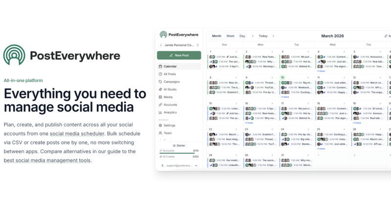 PostEverywhere homepage screenshot, productivity & writing AI tool