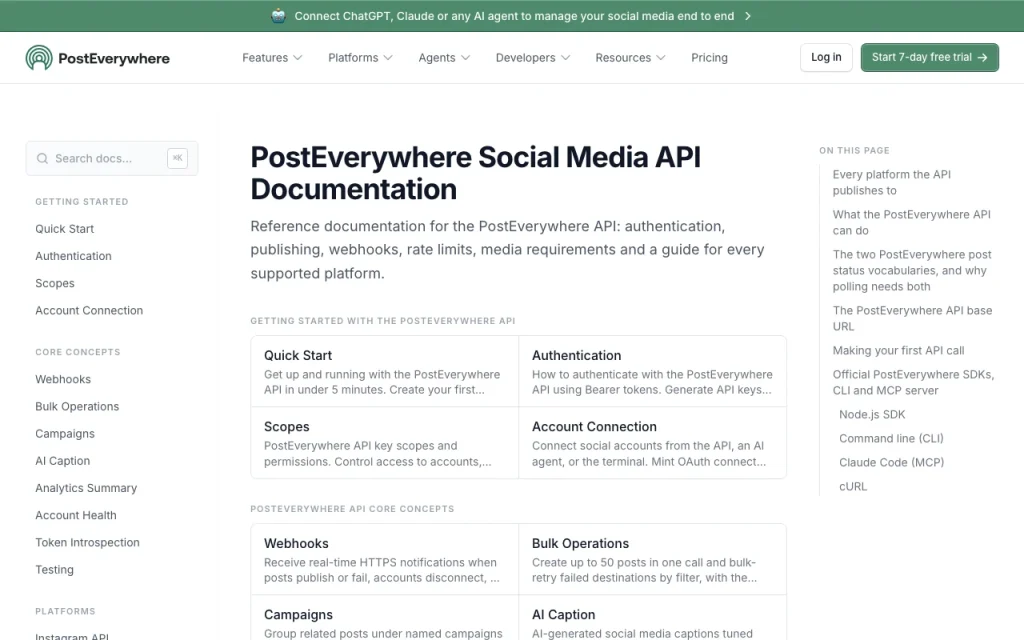 PostEverywhere documentation — capture d'écran de l'outil d'IA productivité et rédaction, Oct 2, 2026