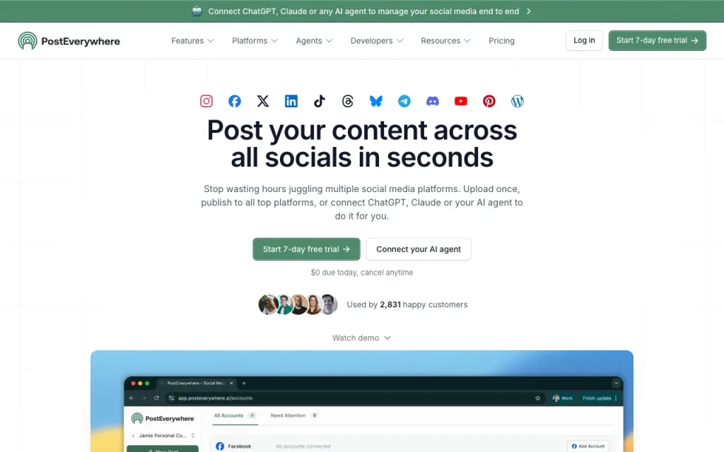 PostEverywhere homepage — screenshot of the productivity & writing AI tool, Oct 2, 2026