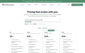 PostEverywhere pricing page with plans and prices — screenshot of the productivity & writing AI tool, 2026-10-02