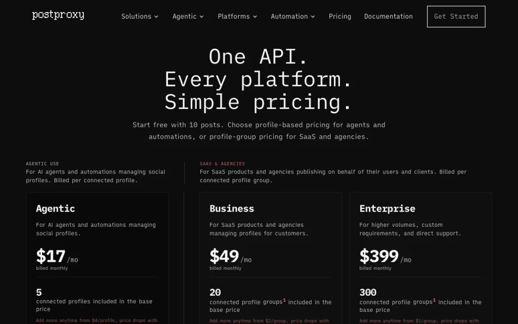 Postproxy página de precios con planes y precios — captura de pantalla de la herramienta de IA productividad y escritura, Oct 2, 2026
