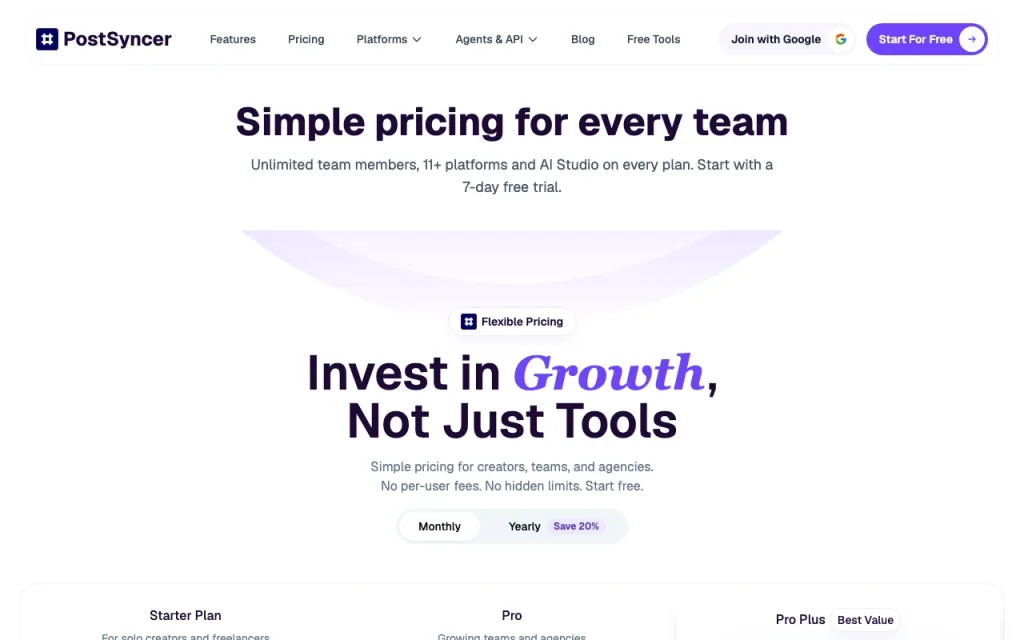 PostSyncer pricing page with plans and prices — screenshot of the productivity & writing AI tool, Oct 2, 2026