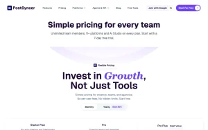 PostSyncer pricing page with plans and prices — screenshot of the productivity & writing AI tool, 2026-10-02