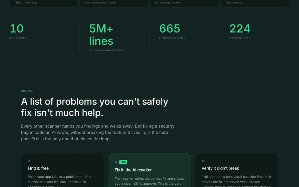 Prbl homepage — screenshot of the coding AI tool, Oct 1, 2026