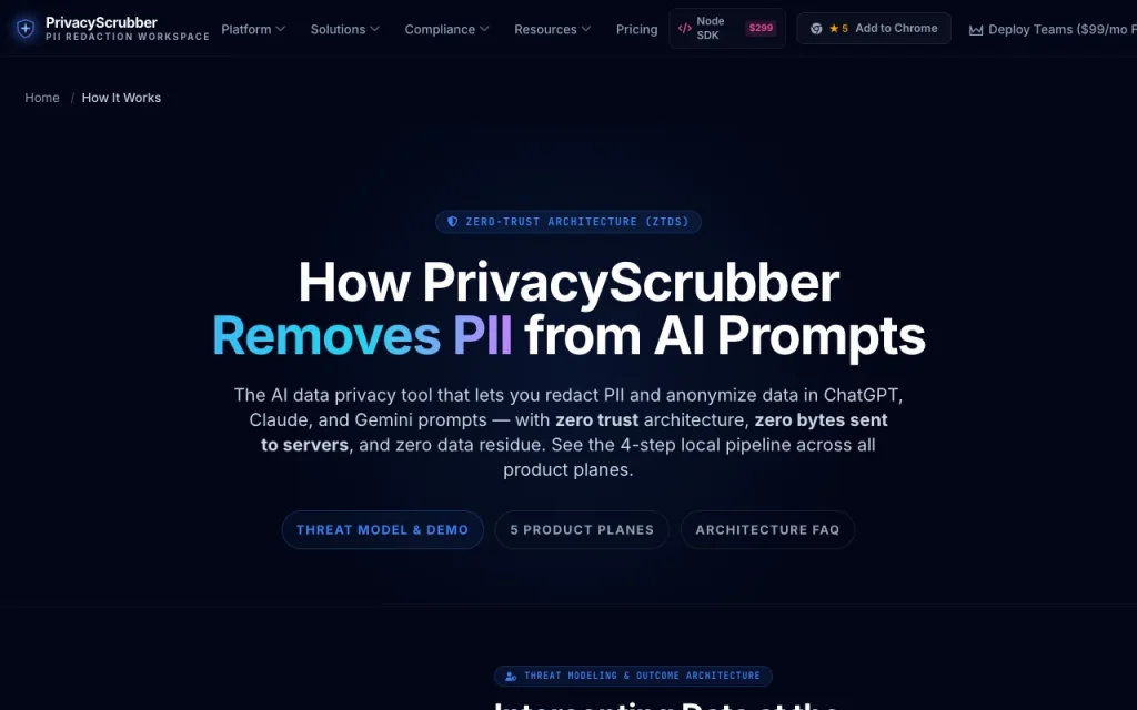 PrivacyScrubber documentation — capture d'écran de l'outil d'IA productivité et rédaction, Oct 1, 2026