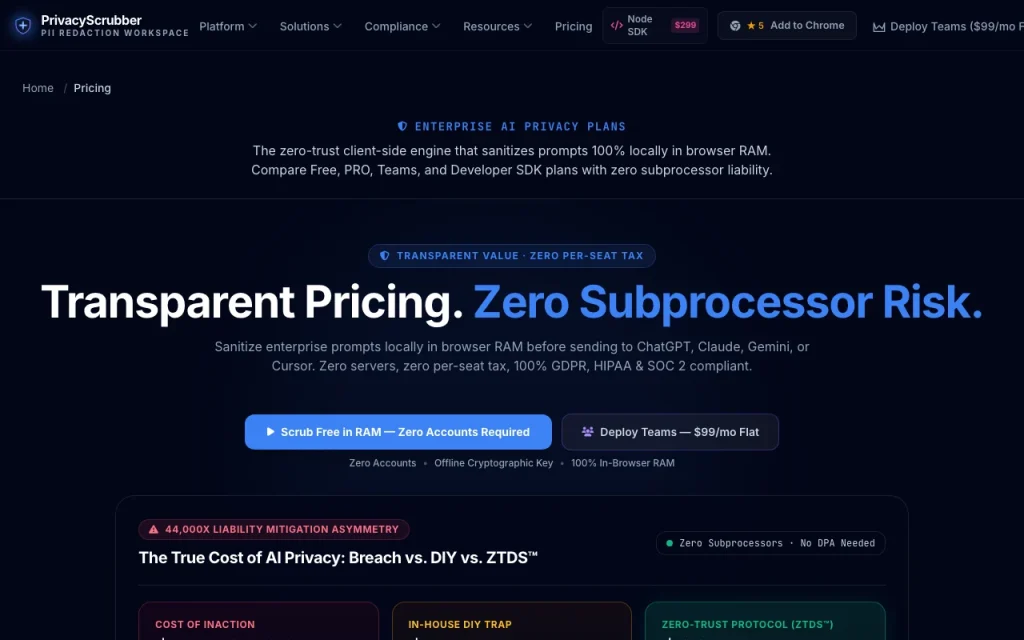 PrivacyScrubber page de tarifs avec offres et prix — capture d'écran de l'outil d'IA productivité et rédaction, Oct 1, 2026