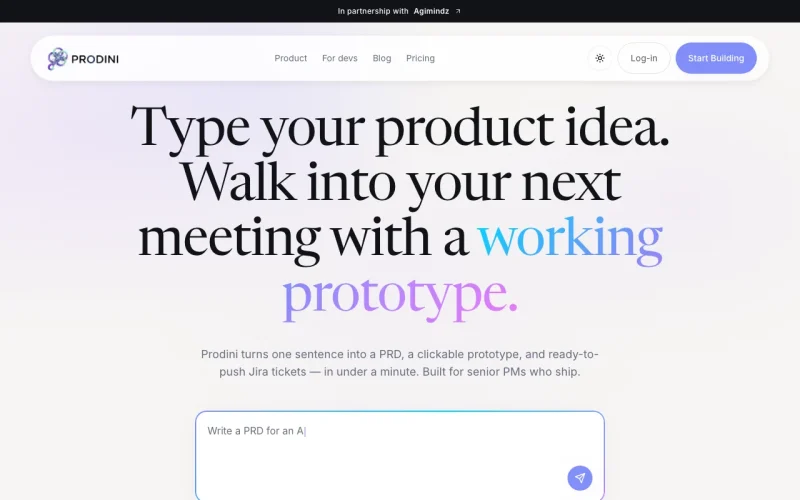 Prodini Startseite, Screenshot, KI-Tool produktivität & schreiben