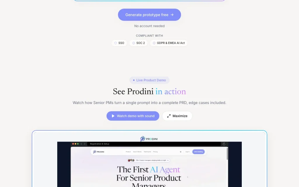 Prodini page d'accueil — capture d'écran de l'outil d'IA productivité et rédaction, Oct 1, 2026