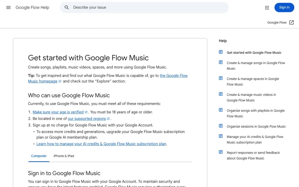 Google Flow Music (Producer) documentation — capture d'écran de l'outil d'IA audio et voix, Oct 2, 2026