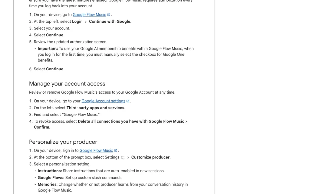 Google Flow Music (Producer) documentation — capture d'écran de l'outil d'IA audio et voix, Oct 2, 2026