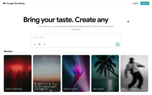 Google Flow Music (Producer) homepage — screenshot of the audio & voice AI tool, 2026-10-02