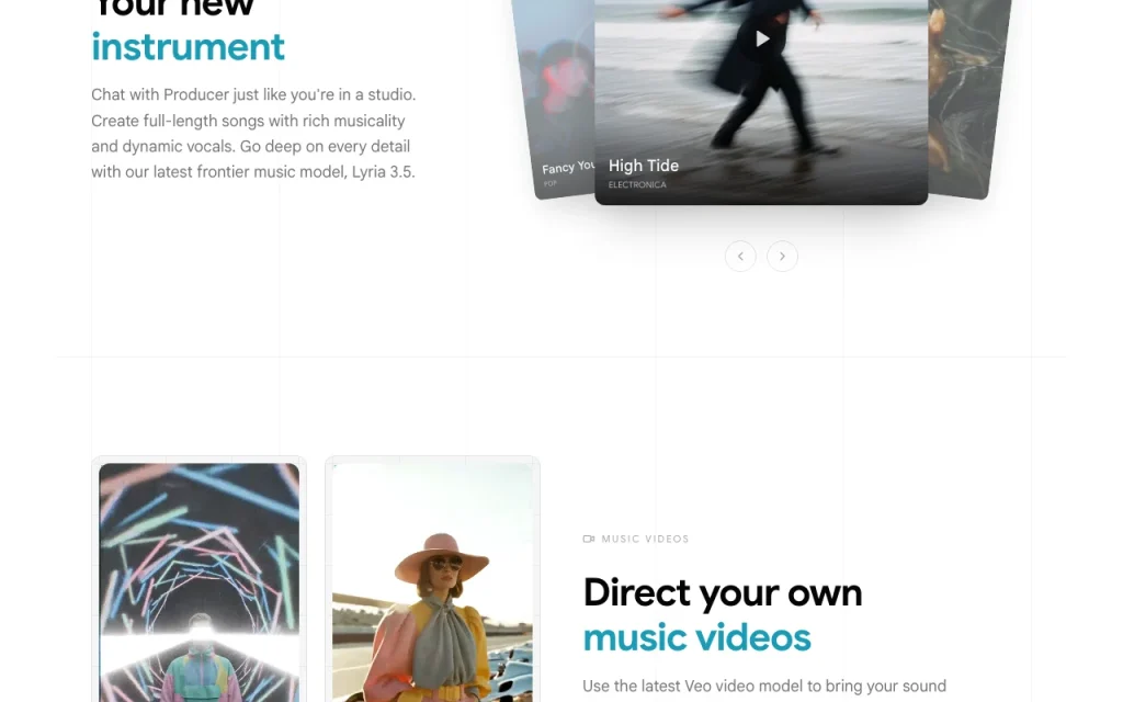 Google Flow Music (Producer) page d'accueil — capture d'écran de l'outil d'IA audio et voix, Oct 2, 2026