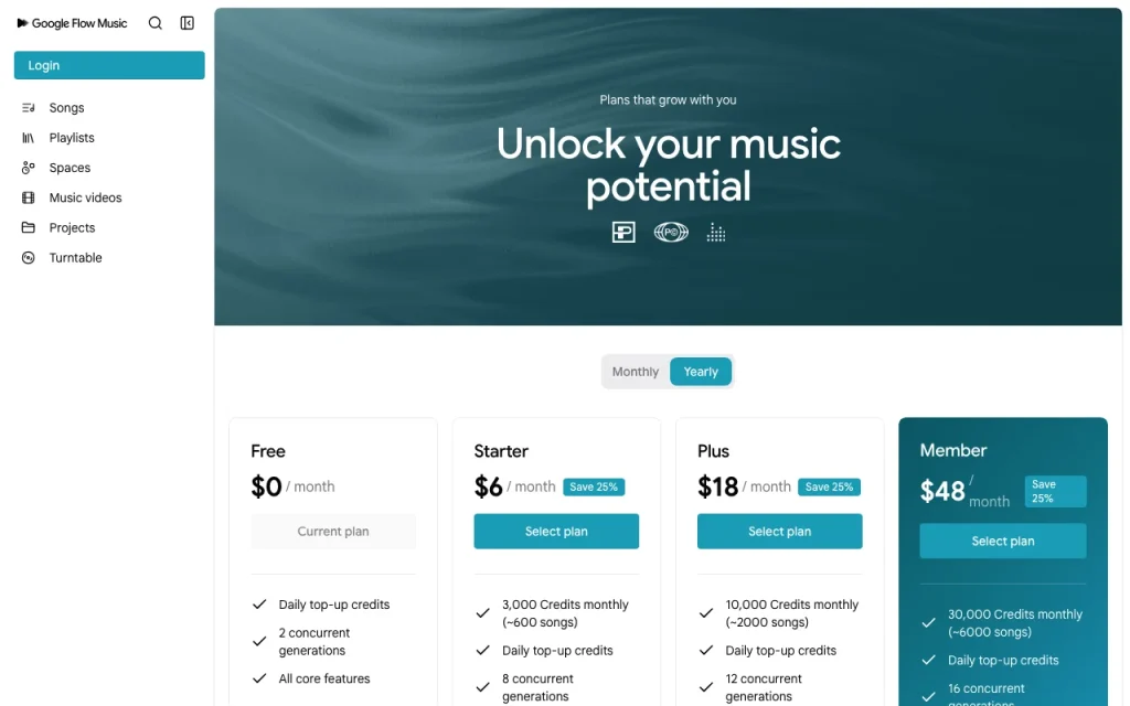Google Flow Music (Producer) page de tarifs avec offres et prix — capture d'écran de l'outil d'IA audio et voix, Oct 2, 2026