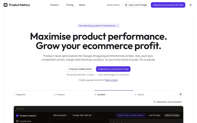 Product Metrics Startseite, Screenshot, KI-Tool produktivität & schreiben