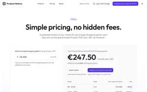 Product Metrics pricing page with plans and prices — screenshot of the productivity & writing AI tool, 2026-10-02