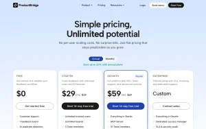 ProductBridge pricing page with plans and prices — screenshot of the productivity & writing AI tool, 2026-10-01