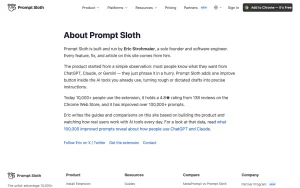 Prompt Sloth about page — screenshot of the productivity & writing AI tool, 2026-10-02