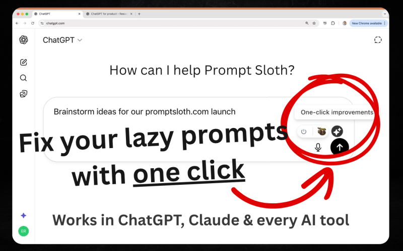 Prompt Sloth Startseite, Screenshot, KI-Tool produktivität & schreiben