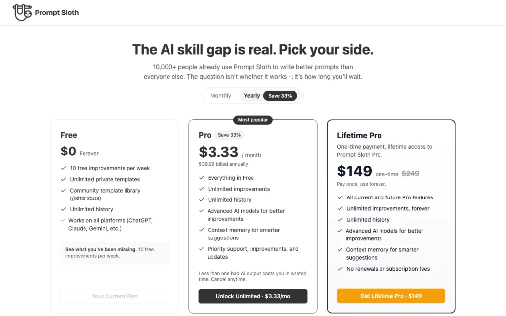 Prompt Sloth página de precios con planes y precios — captura de pantalla de la herramienta de IA productividad y escritura, Oct 2, 2026