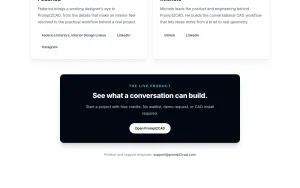 Prompt2CAD about page — screenshot of the coding AI tool, 2026-10-02