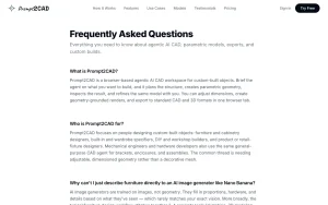 Prompt2CAD FAQ page — screenshot of the coding AI tool, 2026-10-02